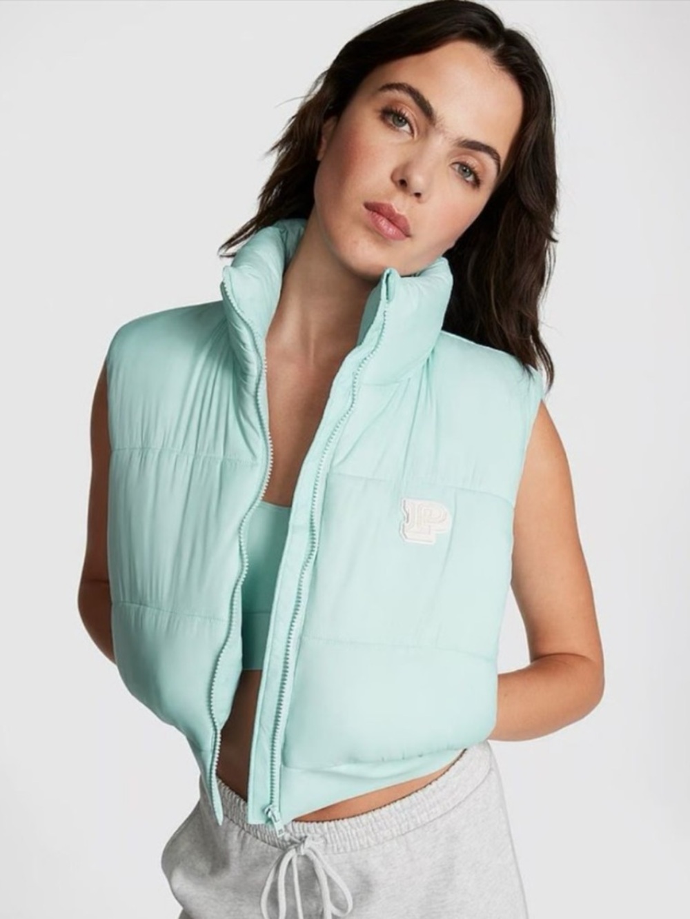 NWT Victoria's Secret PINK Crop Puffer Vest Sleeveless Mint Cropped Size Medium